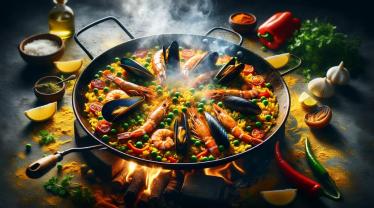 Een levendige afbeelding van een traditionele Spaanse paella, gekookt in een echte paellapan boven open vuur.